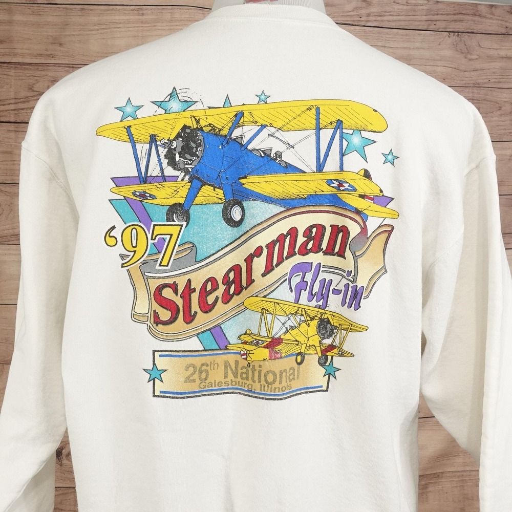 Vintage Stearman Fly-In Sweatshirt L White 1997 Airplane Galesburg Illinois USA